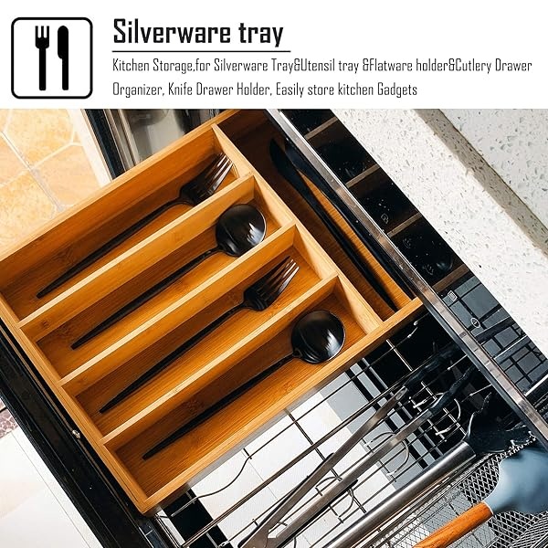 Kitchen Wood Utensil Tray Drawer Organizer,10 INCHES Bamboo Silverware Tray for Drawer,Small Cutlery Organizer, Flatware Holder,Office Storage Organizers,Knife Makeup Desk Drawer Dividers Insert - Image 4
