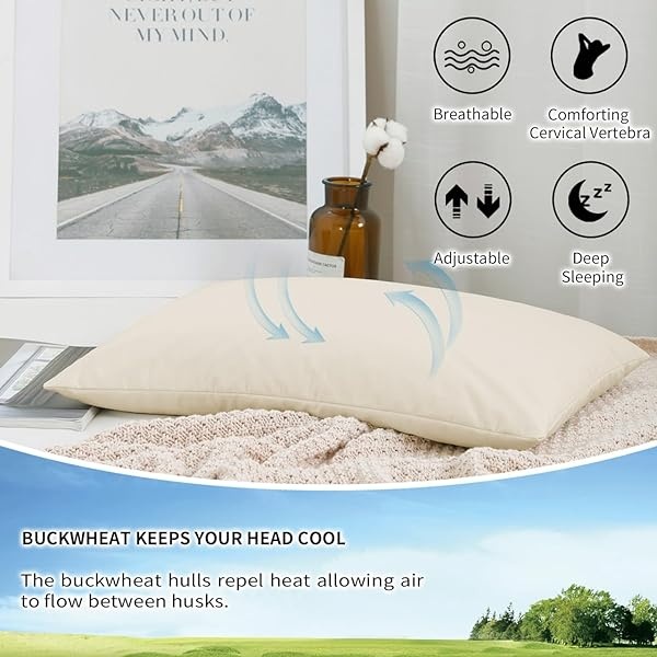 LOFE - Almohada orgánica de trigo sarraceno para dormir, 14 x 20 pulgadas, altura ajustable, transpirable para dormir fresco, soporte cervical para dormir de espalda y lateral (cascos de trigo - Image 8