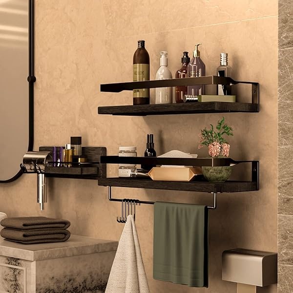 LYNNC 3 en 1 estantes flotantes rústicos, estantes de almacenamiento decorativos con barra de toallero, soporte de pared para baño, cocina y dormitorio, juego de 3 estantes - Image 3