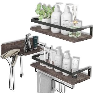 LYNNC 3 en 1 estantes flotantes rústicos, estantes de almacenamiento decorativos con barra de toallero, soporte de pared para baño, cocina y dormitorio, juego de 3 estantes