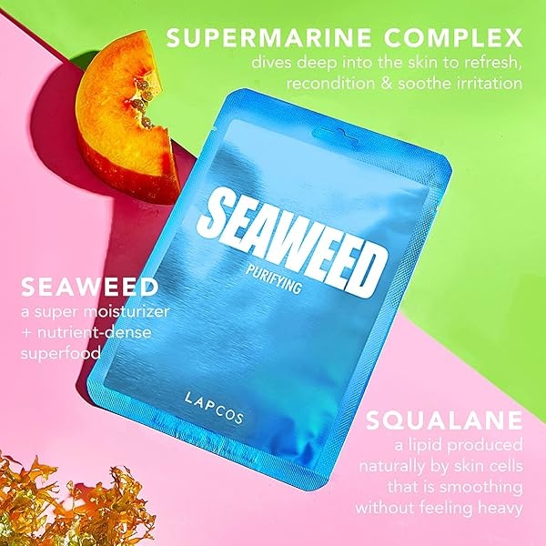Lapcos Set de 5 Mascarillas Faciales Seaweed con Extracto de Algas Marinas, Ácido Hialuronico, Papaya y Escualano para Purificar, Acondicionaro, Suavizar, Hidratar la Piel Facial - Image 4