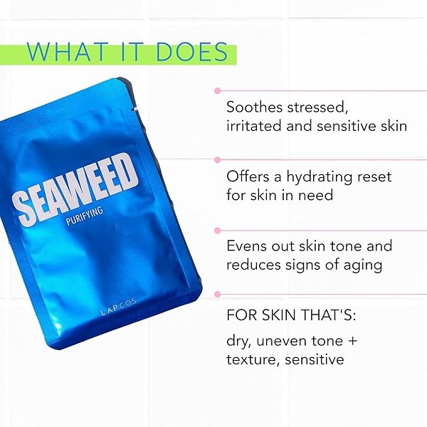Lapcos Set de 5 Mascarillas Faciales Seaweed con Extracto de Algas Marinas, Ácido Hialuronico, Papaya y Escualano para Purificar, Acondicionaro, Suavizar, Hidratar la Piel Facial - Image 6