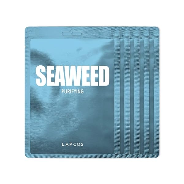 Lapcos Set de 5 Mascarillas Faciales Seaweed con Extracto de Algas Marinas, Ácido Hialuronico, Papaya y Escualano para Purificar, Acondicionaro, Suavizar, Hidratar la Piel Facial