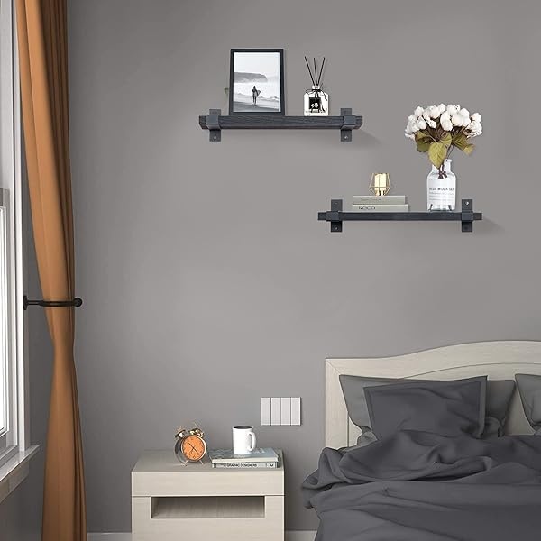 Lavievert Juego de 2 estantes flotantes de pared de madera rústica para dormitorio, sala de estar, baño, cocina, oficina, color negro - Image 8