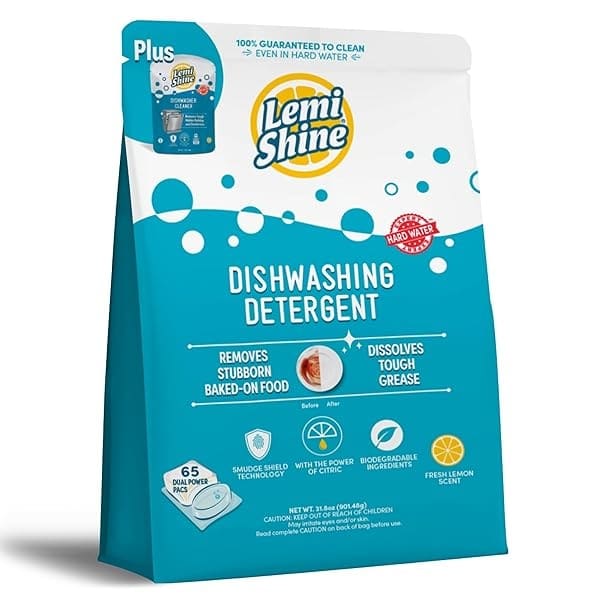 Lemi Shine Cápsulas naturales para lavavajillas – Cápsulas de detergente todo en uno en polvo y gel para lavavajillas con potente ácido cítrico, 65 unidades