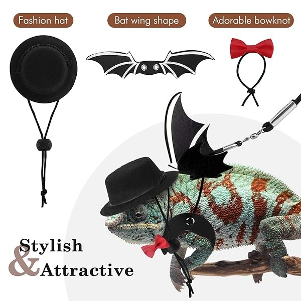 Lewondr Paquete de 3 correas de lagarto de dragón barbudo ajustable alas de murciélago con sombrero y lazo, correa de piel suave, 3 tamaños diferentes (S, M, L) para anfibios y otros animales de mascotas pequeñas, negro y rojo - Image 3