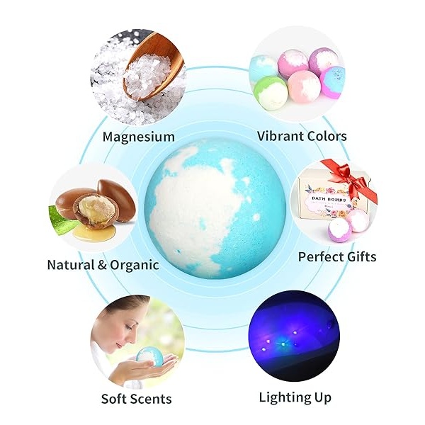 Light Up Bath Bombs with Surprise Inside,Natural Bath Bombs Gift Set 6 with Essential Oils,Magnesium Bath Bombs for Women Relaxing Spa Bath Skin Moisturize Gifts for Women - Image 3