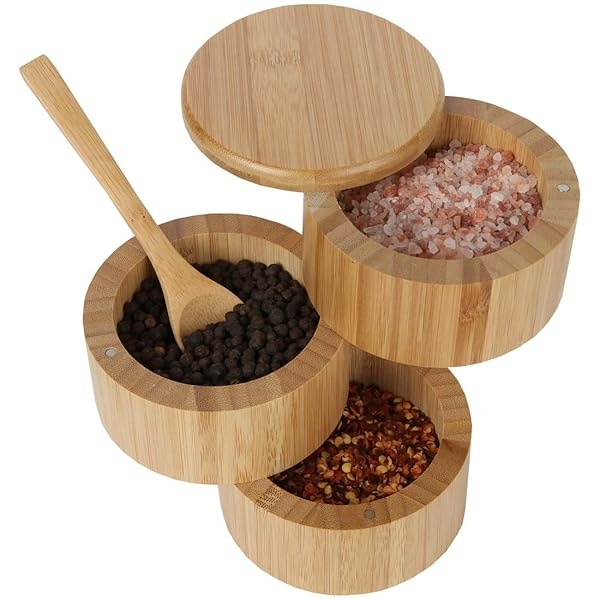 Lily's Home Contenedor de bambú de 3 niveles, soporte dividido para especias, caja de madera para sal y pimienta con cierre magnético y una cuchara