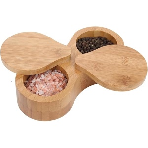 Lily's Home Contenedor doble redondo de bambú, tarro de almacenamiento de especias, caja de madera para sal y pimienta