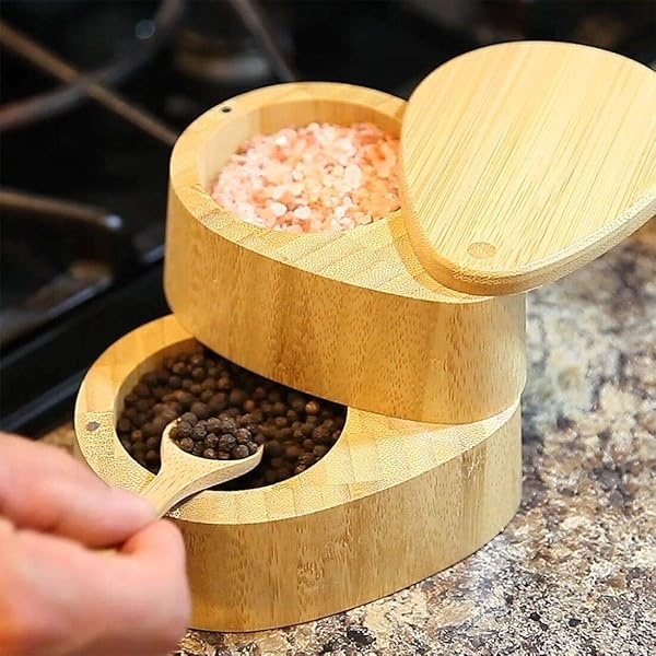 Lily's Home - Recipiente ovalado de bambú para especias, salero y pimienta, 2 en 1, caja de madera con cierre magnético y cuchara - Image 3