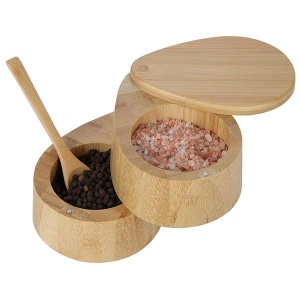 Lily's Home - Recipiente ovalado de bambú para especias, salero y pimienta, 2 en 1, caja de madera con cierre magnético y cuchara