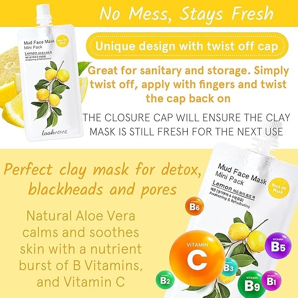 Look At Me Mud Mask Minis (paquete de 4) para aloe, limón, granada, loto, mascarilla de belleza coreana con caolín y arcilla de bentonita, cuidado de la piel coreano, minimizador de poros, mascarilla iluminadora, mascarilla facial hidratante (limón) (hasta 4 usos por paquete) - Image 3