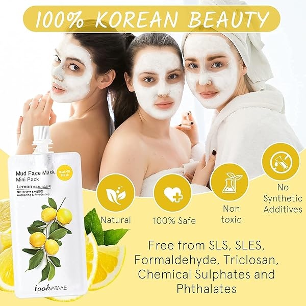 Look At Me Mud Mask Minis (paquete de 4) para aloe, limón, granada, loto, mascarilla de belleza coreana con caolín y arcilla de bentonita, cuidado de la piel coreano, minimizador de poros, mascarilla iluminadora, mascarilla facial hidratante (limón) (hasta 4 usos por paquete) - Image 4