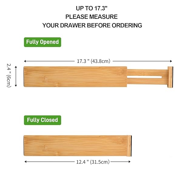 Luckllsa Separadores de cajones de cocina de bambú (12.4-17.3 pulgadas) para cajones pequeños, paquete de 4 organizadores de cajones ajustables, funciona en cocina, cambiador, baño, recámara, cajón de bebé, computadora, oficina - Image 3
