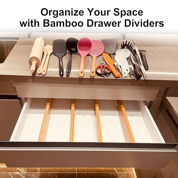 Luckllsa Separadores de cajones de cocina de bambú (12.4-17.3 pulgadas) para cajones pequeños, paquete de 4 organizadores de cajones ajustables, funciona en cocina, cambiador, baño, recámara, cajón de bebé, computadora, oficina - Image 4