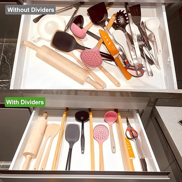 Luckllsa Separadores de cajones de cocina de bambú (12.4-17.3 pulgadas) para cajones pequeños, paquete de 4 organizadores de cajones ajustables, funciona en cocina, cambiador, baño, recámara, cajón de bebé, computadora, oficina - Image 5