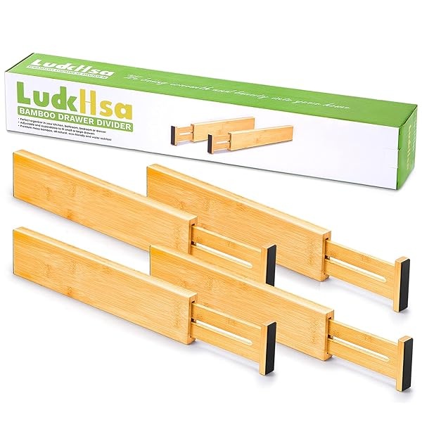 Luckllsa Separadores de cajones de cocina de bambú (12.4-17.3 pulgadas) para cajones pequeños, paquete de 4 organizadores de cajones ajustables, funciona en cocina, cambiador, baño, recámara, cajón de bebé, computadora, oficina