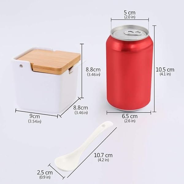Lucky Goddness Azucarero de cerámica con tapa y cuchara de bambú, recipiente de azúcar de porcelana para la cocina del hogar, condimento de sal para azúcar, té, café, especias, blanco, 9 onzas líquidas, 270 ml - Image 3