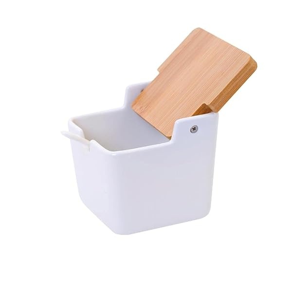 Lucky Goddness Azucarero de cerámica con tapa y cuchara de bambú, recipiente de azúcar de porcelana para la cocina del hogar, condimento de sal para azúcar, té, café, especias, blanco, 9 onzas líquidas, 270 ml - Image 4