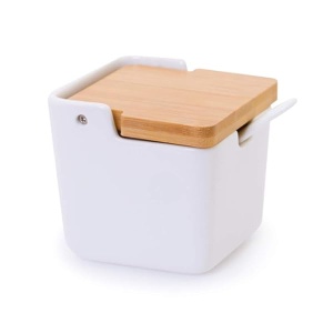 Lucky Goddness Azucarero de cerámica con tapa y cuchara de bambú, recipiente de azúcar de porcelana para la cocina del hogar, condimento de sal para azúcar, té, café, especias, blanco, 9 onzas líquidas, 270 ml