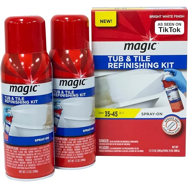MAGIC Kit de reacabado de Tina y Azulejos, espray en Aerosol, reacabado de fregaderos, Porcelana, Fibra de Vidrio acrílica y Superficies de cerámica, Blanco Brillante