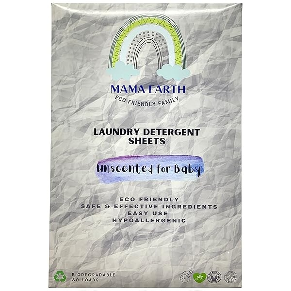 MAMA EARTH Hojas de detergente para ropa hipoalergénicas, ecológicas, biodegradables, sin plástico (60 cargas)