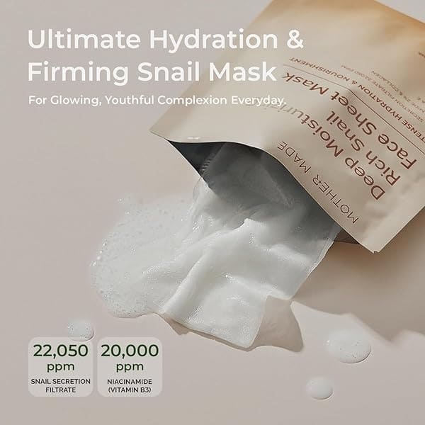 MOTHER MADE Tratamiento facial coreano de caracol hidratante profundo para piel seca, paquete de 10 | Mascarillas hidratantes de colágeno coreano para el cuidado de la piel | Filtro de secreción de caracol, Vitamina C iluminadora, Vitamina E antienvejecimiento, ácido hialurónico, sin perfume, para mujeres y hombres - Image 3