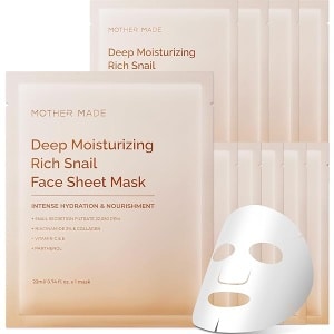MOTHER MADE Tratamiento facial coreano de caracol hidratante profundo para piel seca, paquete de 10 | Mascarillas hidratantes de colágeno coreano para el cuidado de la piel | Filtro de secreción de caracol, Vitamina C iluminadora, Vitamina E antienvejecimiento, ácido hialurónico, sin perfume, para mujeres y hombres