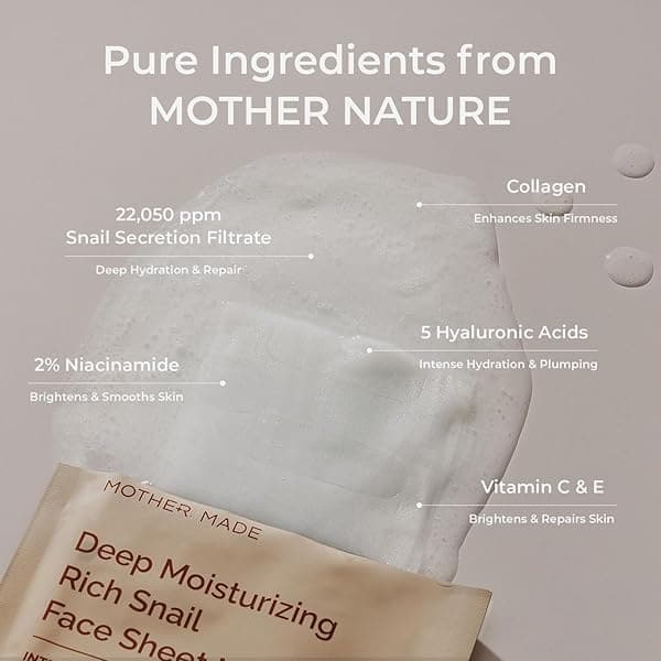 MOTHER MADE Tratamiento facial coreano de caracol hidratante profundo para piel seca, paquete de 10 | Mascarillas hidratantes de colágeno coreano para el cuidado de la piel | Filtro de secreción de caracol, Vitamina C iluminadora, Vitamina E antienvejecimiento, ácido hialurónico, sin perfume, para mujeres y hombres - Image 5