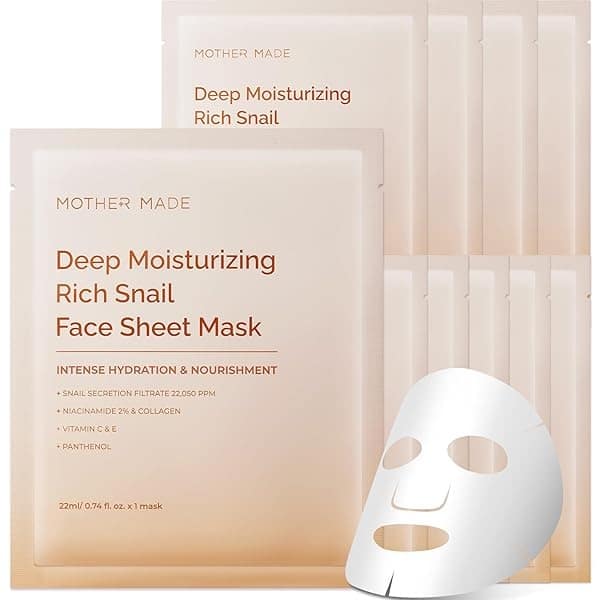 MOTHER MADE Tratamiento facial coreano de caracol hidratante profundo para piel seca, paquete de 10 | Mascarillas hidratantes de colágeno coreano para el cuidado de la piel | Filtro de secreción de caracol, Vitamina C iluminadora, Vitamina E antienvejecimiento, ácido hialurónico, sin perfume, para mujeres y hombres