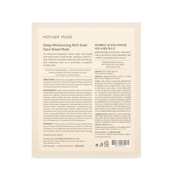 MOTHER MADE Tratamiento facial coreano de caracol hidratante profundo para piel seca, paquete de 10 | Mascarillas hidratantes de colágeno coreano para el cuidado de la piel | Filtro de secreción de caracol, Vitamina C iluminadora, Vitamina E antienvejecimiento, ácido hialurónico, sin perfume, para mujeres y hombres - Image 10