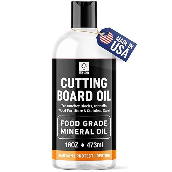 Mevell Aceite mineral de grado alimenticio, fabricado en Estados Unidos, 16 onzas, bloques de carnicero y acondicionador de encimeras de cocina, aceite de tabla de cortar seguro para alimentos,