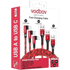 Micatel Cable USB-C a USB-A - 10 pies, 4 pies, 6 pies, 3 unidades, carga rápida de 90 grados con Samsung Galaxy Z Fold4, Flip 4 / S22 Ultra, Pixel 7 Pro, iPad Pro, Air 5, Mini 6 (rojo)