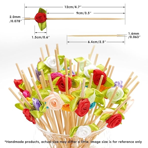 Minisland Multicolor Rose Flower Fancy Toothpicks for Appetizers 4.7 Inch Long Bamboo Cocktail Picks Bridal Shower Wedding Valentines Party Food Fruit Drinks Garnish Skewer Sticks 100 Counts -MSL129 - Image 3