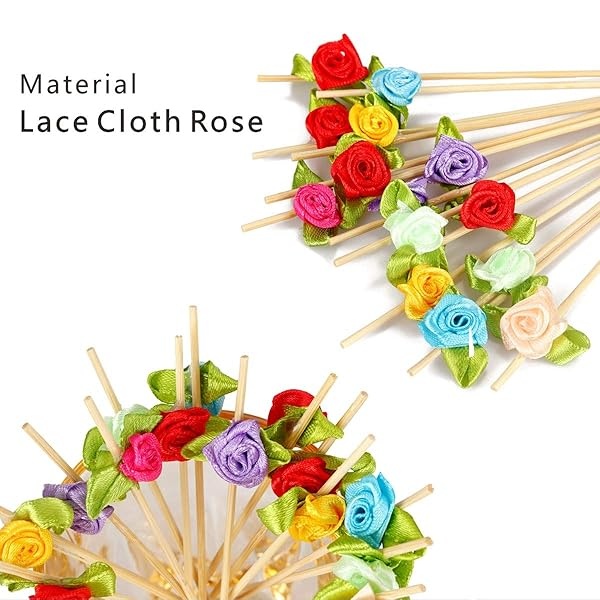 Minisland Multicolor Rose Flower Fancy Toothpicks for Appetizers 4.7 Inch Long Bamboo Cocktail Picks Bridal Shower Wedding Valentines Party Food Fruit Drinks Garnish Skewer Sticks 100 Counts -MSL129 - Image 4