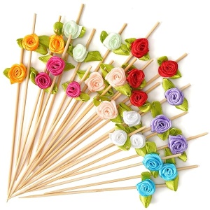 Minisland Multicolor Rose Flower Fancy Toothpicks for Appetizers 4.7 Inch Long Bamboo Cocktail Picks Bridal Shower Wedding Valentines Party Food Fruit Drinks Garnish Skewer Sticks 100 Counts -MSL129