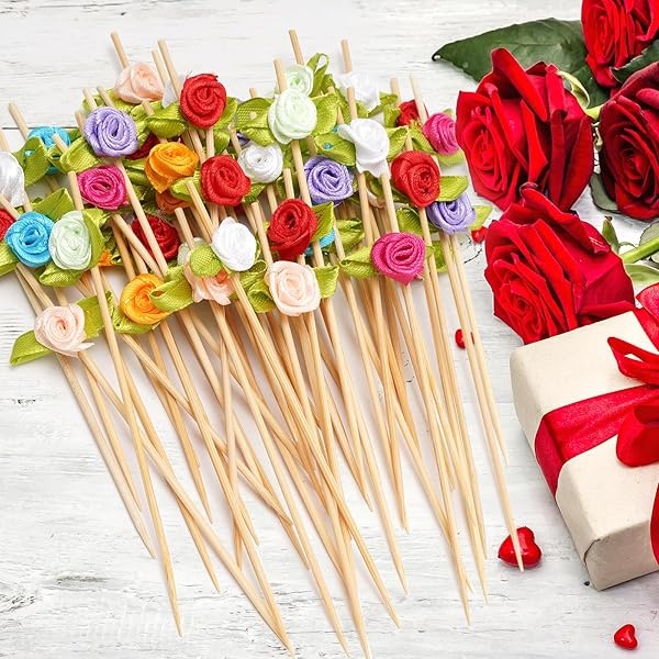 Minisland Multicolor Rose Flower Fancy Toothpicks for Appetizers 4.7 Inch Long Bamboo Cocktail Picks Bridal Shower Wedding Valentines Party Food Fruit Drinks Garnish Skewer Sticks 100 Counts -MSL129 - Image 5