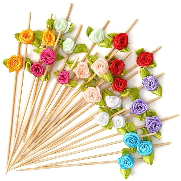 Minisland Multicolor Rose Flower Fancy Toothpicks for Appetizers 4.7 Inch Long Bamboo Cocktail Picks Bridal Shower Wedding Valentines Party Food Fruit Drinks Garnish Skewer Sticks 100 Counts -MSL129