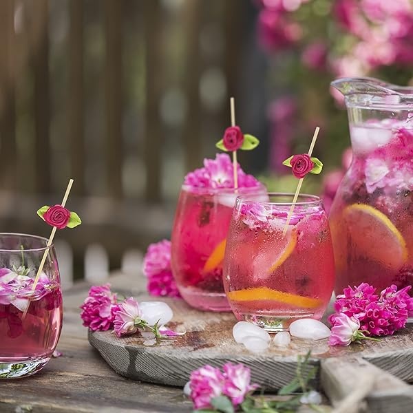 Minisland - Púas de cóctel de flores de rosa caliente, 100 unidades, palillos de bambú de lujo para aperitivos, despedida de soltera, boda, fiesta, San Valentín, alimentos, bebidas, frutas, Kabob, - Image 6