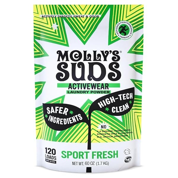 Molly's Suds Active Wear Detergente para la colada | Polvo natural extra fuerte, antimanchas y seguro para telas de rendimiento y piel sensible | 120 cargas