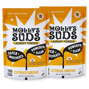 Molly's Suds Detergente en polvo original para la ropa | Detergente natural para la ropa para pieles sensibles | Ingredientes derivados de la tierra, lucha contra las manchas | Aroma Citrus Grove, paquete de 2 (240 cargas en total)