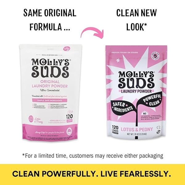 Molly's Suds Detergente en polvo original para ropa | Detergente natural para la ropa para pieles sensibles | Ingredientes derivados de la tierra, lucha contra las manchas | Aroma de loto y peonía, 120 cargas - Image 3