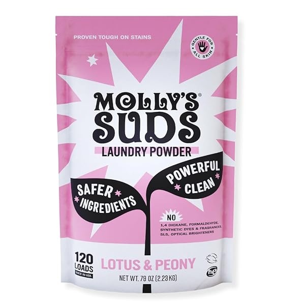 Molly's Suds Detergente en polvo original para ropa | Detergente natural para la ropa para pieles sensibles | Ingredientes derivados de la tierra, lucha contra las manchas | Aroma de loto y peonía, 120 cargas