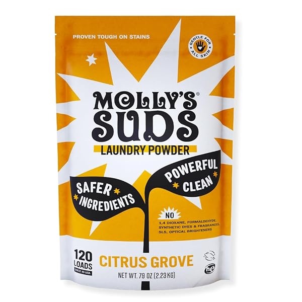 Molly's Suds Detergente en polvo original para ropa | Detergente natural para la ropa para pieles sensibles | Ingredientes derivados de la tierra, lucha contra las manchas | Aroma Citrus Grove, 120 cargas