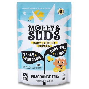 Molly's Suds Detergente en polvo para ropa de bebé, extra suave para recién nacidos, piel sensible, elimina la leche materna, fórmula y manchas de caca | Sin fragancia, 120 cargas