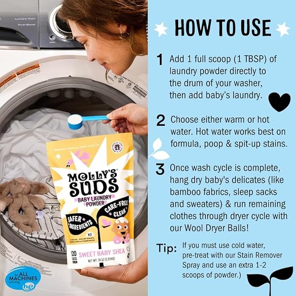 Molly's Suds Detergente en polvo para ropa de bebé, extra suave para recién nacidos, piel sensible, elimina la leche materna, fórmula y manchas de caca | Sin fragancia, 120 cargas - Image 7