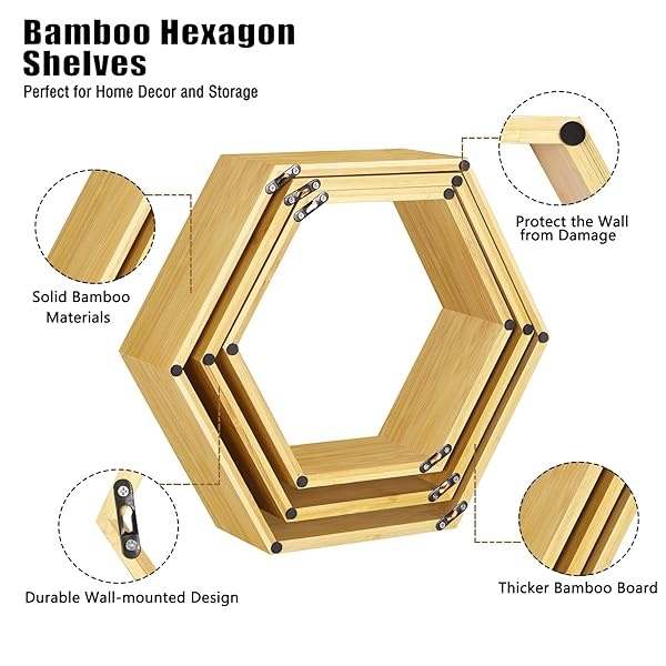 NORCEESAN Juego de 3 estantes hexagonales de bambú flotantes de panal - Image 3
