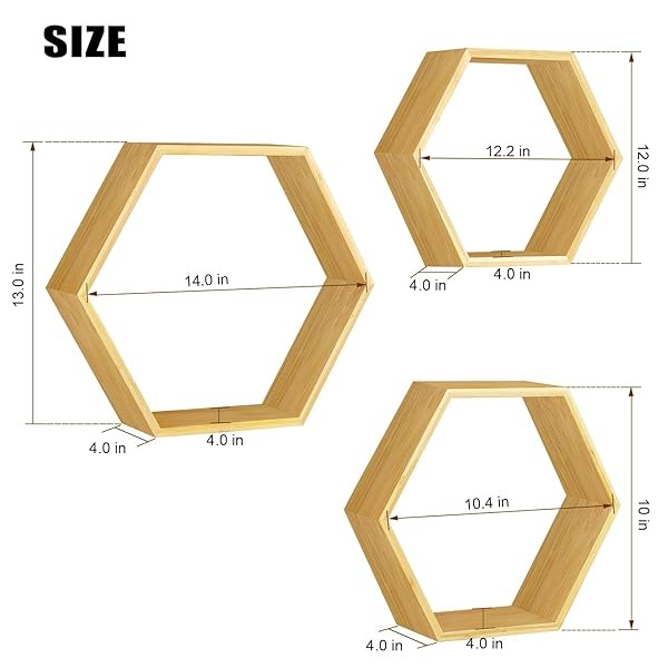 NORCEESAN Juego de 3 estantes hexagonales de bambú flotantes de panal - Image 8