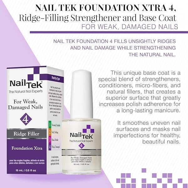 Nail Tek base, capa base de fortalecimiento de relleno Ridge, 2 paquetes, Foundation Xtra 4 for Weak, Damaged Nails - Image 4