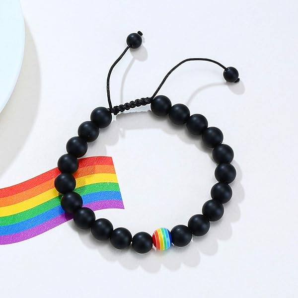 Nanafast 2 pulseras de orgullo LGBTQ con abalorio de 8 mm/10 mm para parejas de arcoíris para gays y lesbianas, turquesa, roca de lava, ágata mate, pulsera trenzada de orgullo LGBT, regalo ajustable, Fibra sintética - Image 4